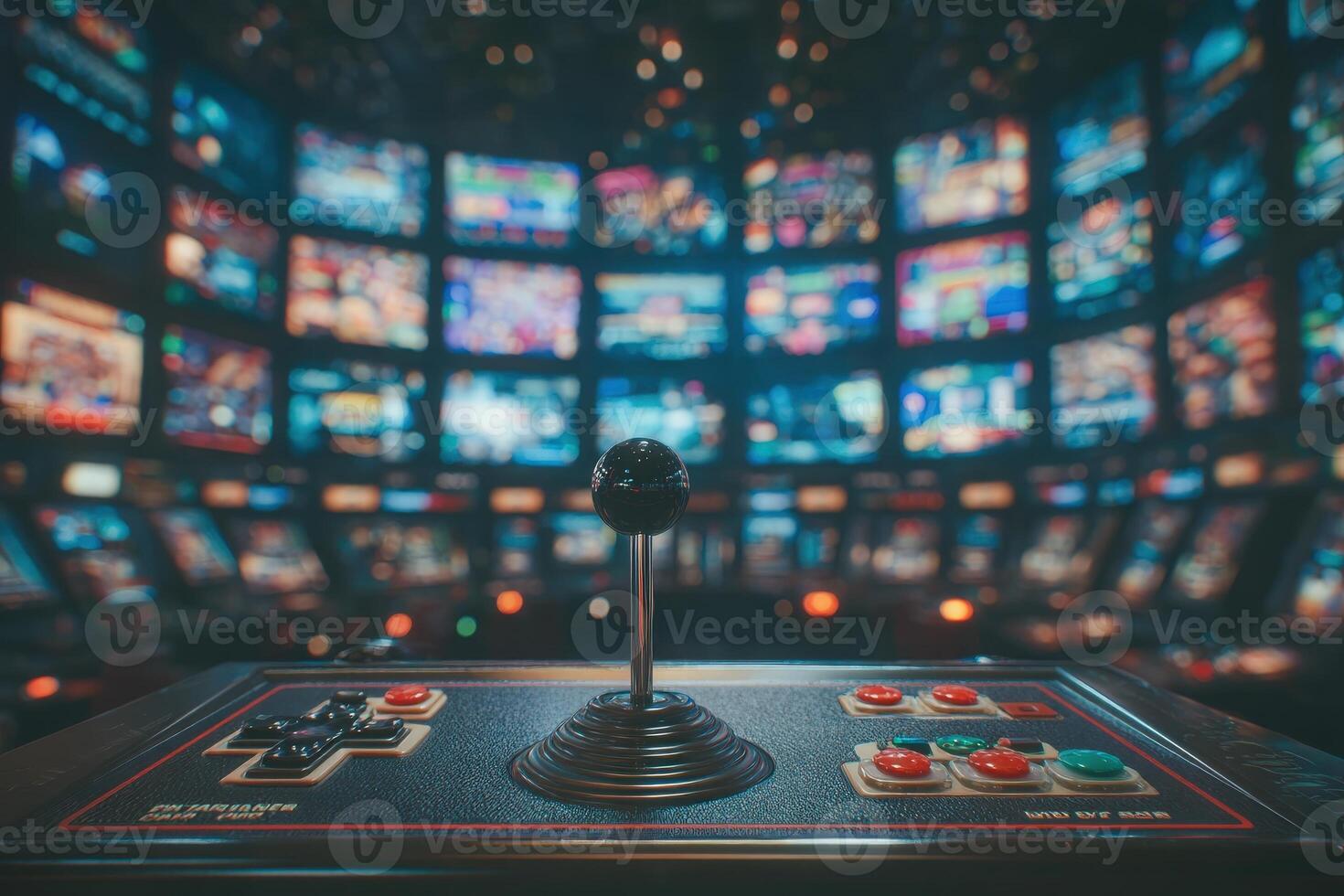 A classic arcade joystick is displayed prominently in the foreground, surrounded by vibrant screens showcasing various retro games in a dimly lit environment, evoking nostalgia. photo