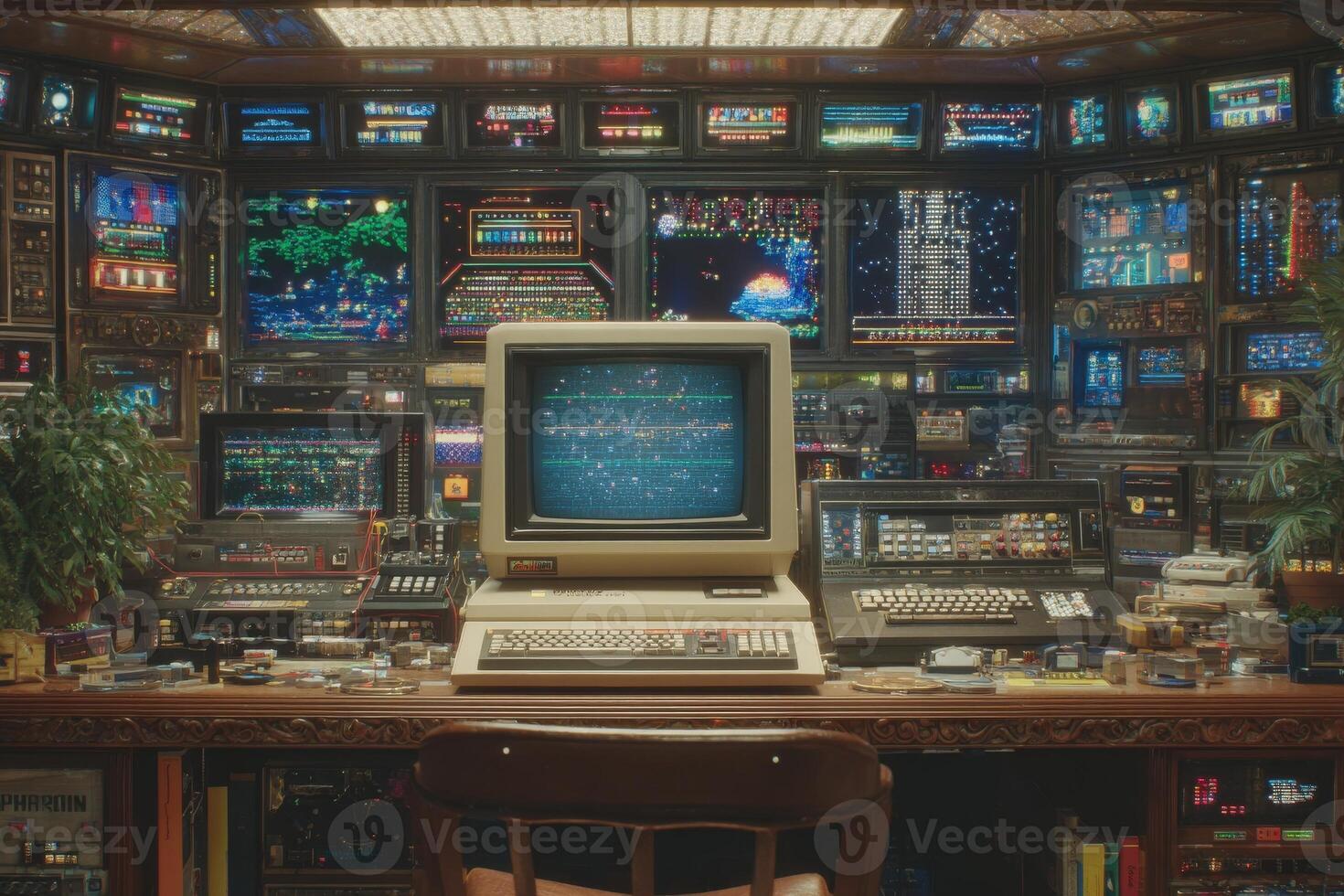 A retro computer sits at the center of a room adorned with numerous screens displaying colorful graphics. Cables, gadgets, and plants complete the nostalgic tech atmosphere, evoking an 80s vibe. photo