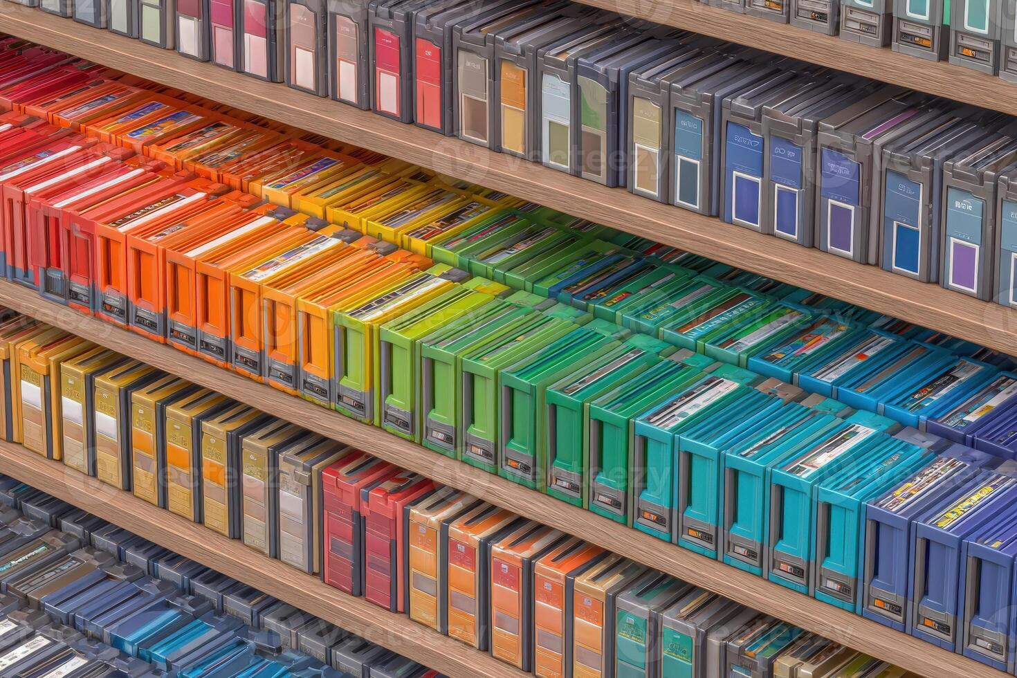 Colorful cassette tapes neatly arranged on wooden shelves display a vibrant spectrum. Each tape represents different music genres and memories, creating an inviting atmosphere for music lovers. photo