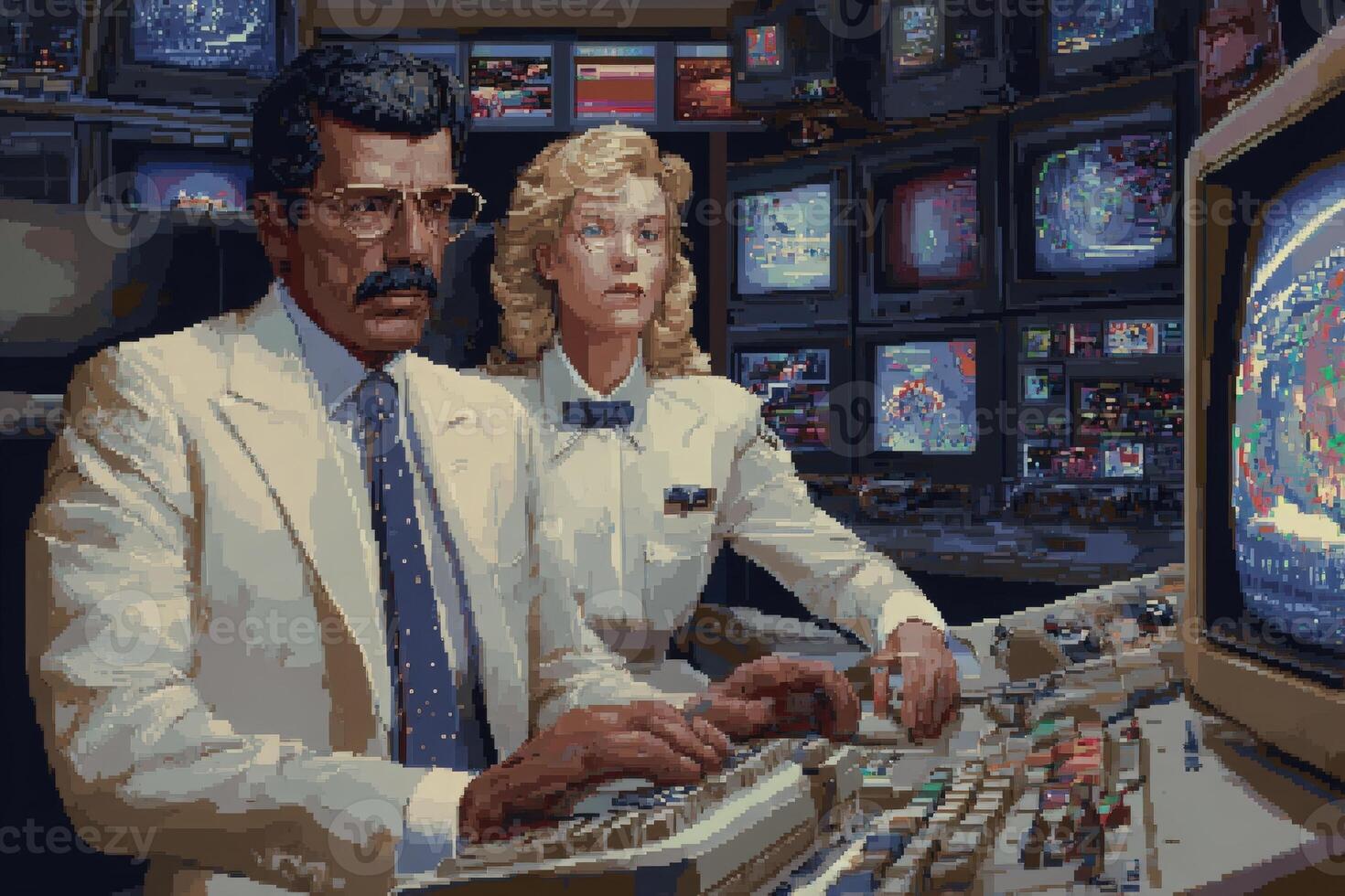 Two professionals focus intently on various screens in a control room. The man in a suit operates equipment while the woman, dressed elegantly, assists in monitoring critical data. photo