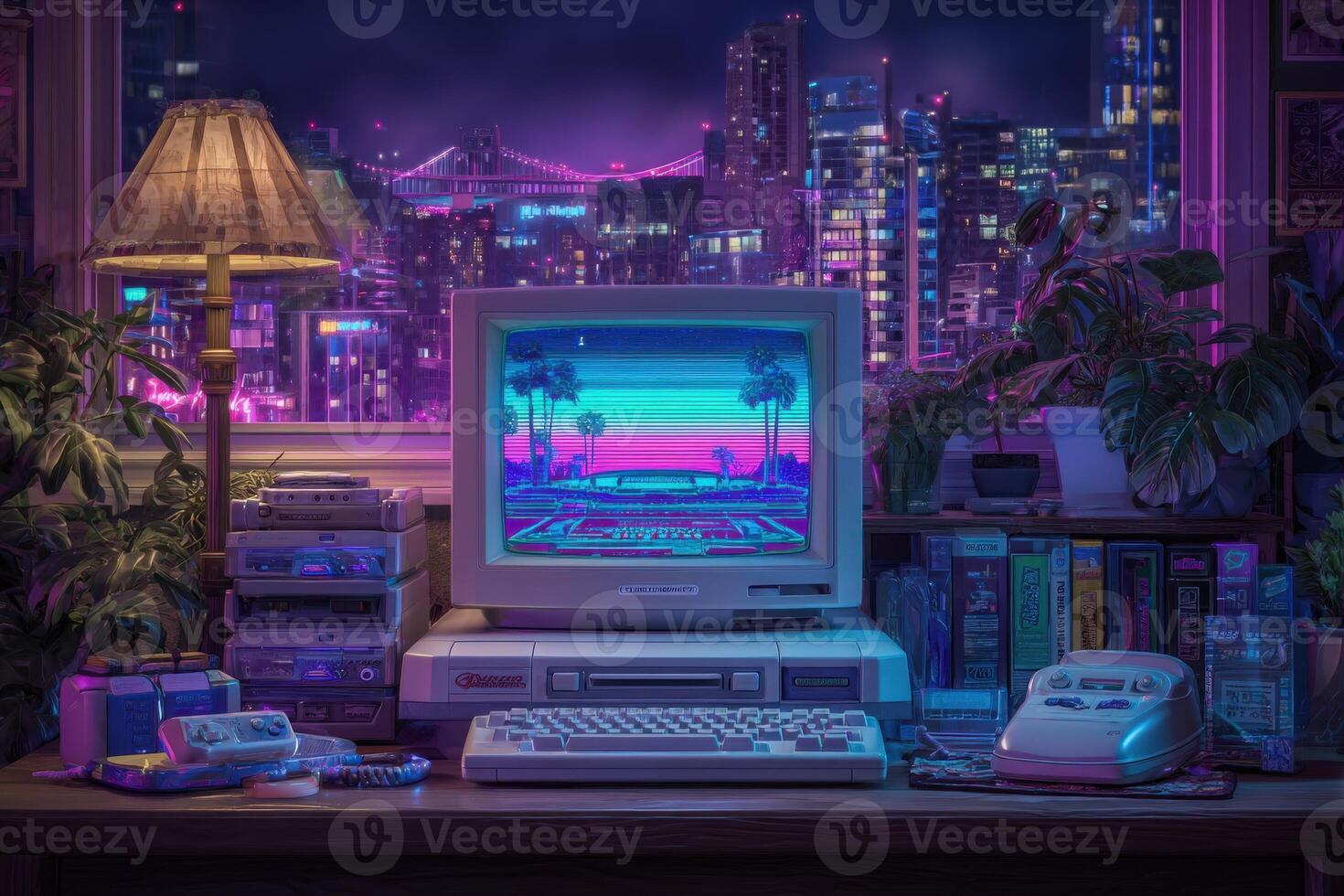 A retro computer sits on a wooden desk surrounded by books and plants. The glowing screen displays a colorful digital landscape, illuminated by city lights at night through the window. photo