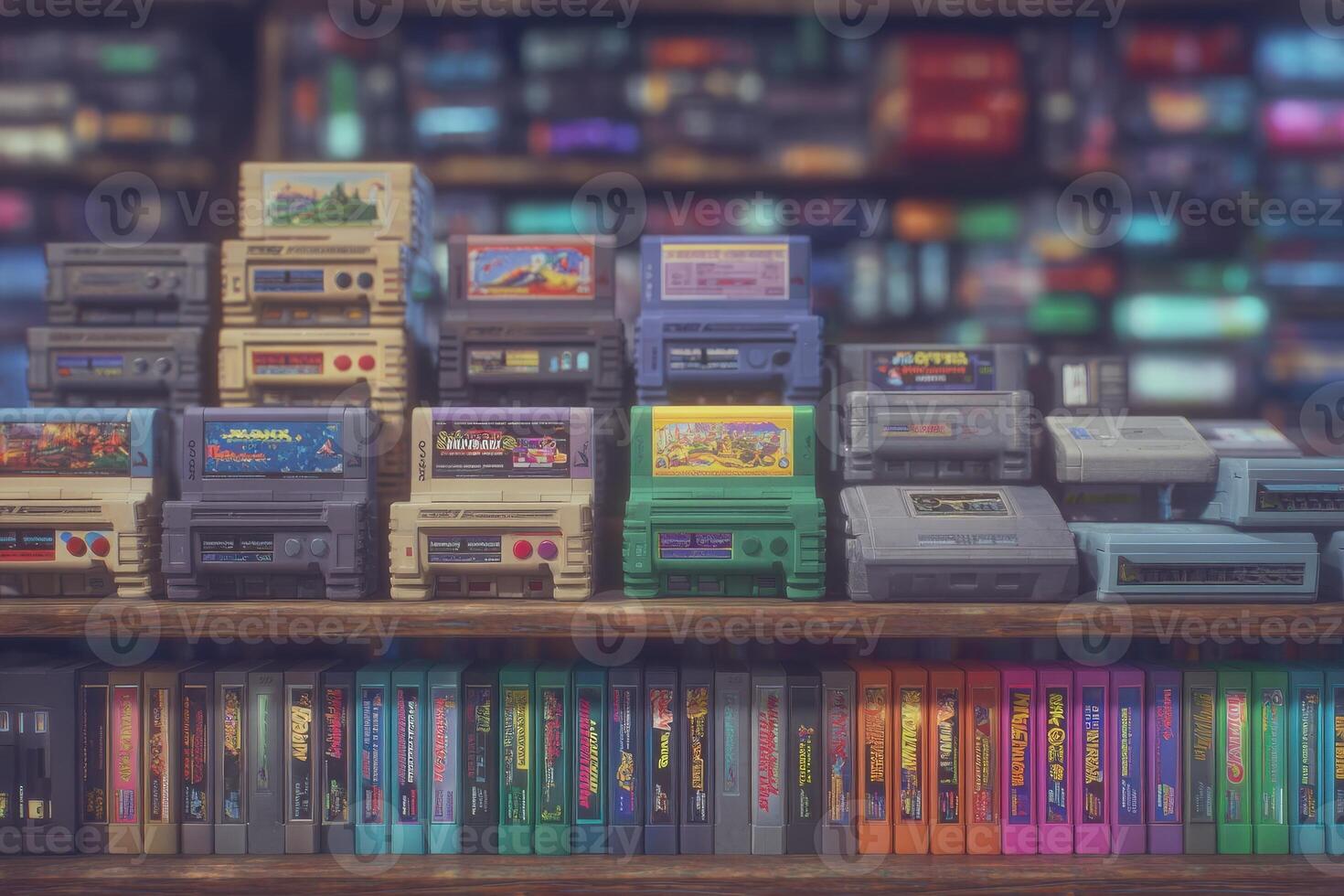 Colorful retro games are lined up on wooden shelves in a gaming store. Various cartridges and boxes showcase popular titles from earlier consoles, creating a nostalgic atmosphere. photo