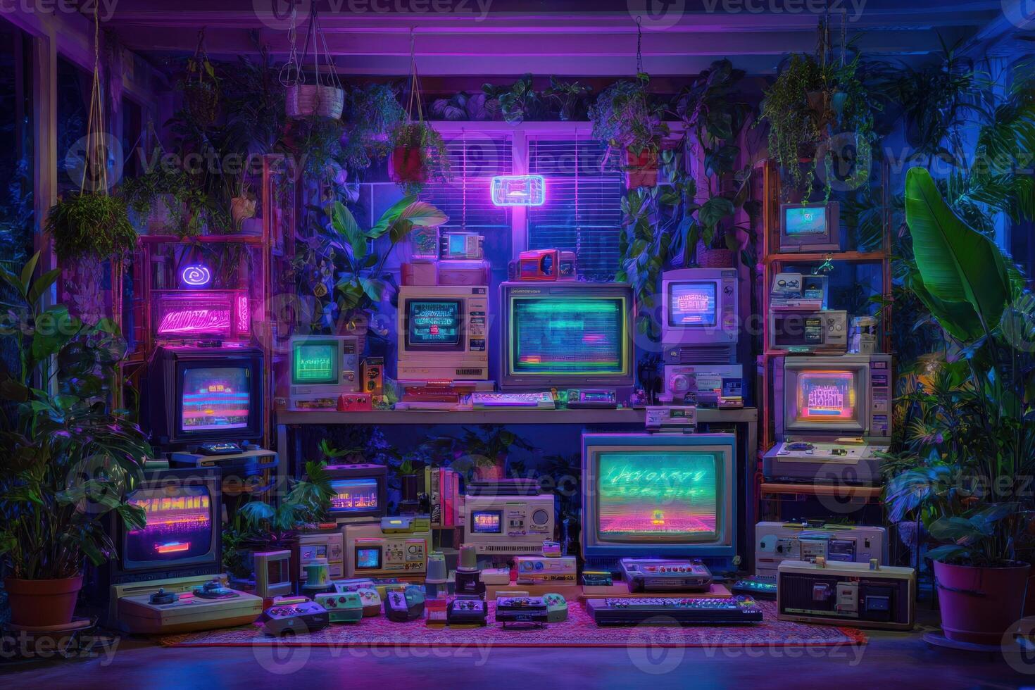 A cozy room filled with various vintage gaming consoles and computers, surrounded by lush plants and illuminated by colorful neon lights, creates a nostalgic and inviting atmosphere. photo