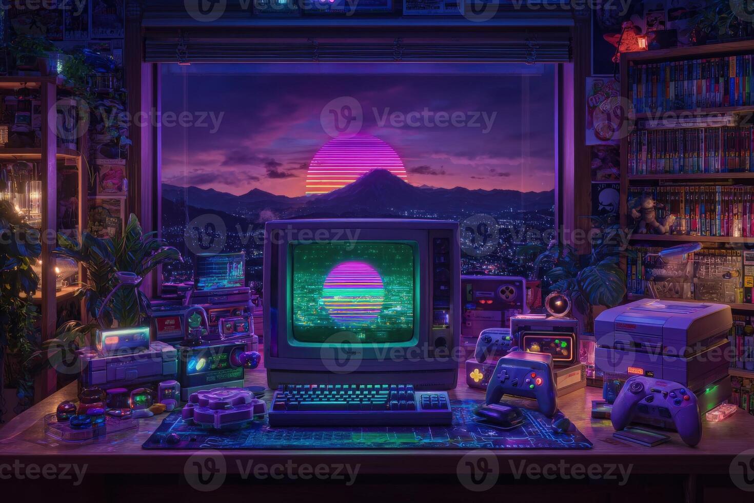 A nostalgic gaming space features a vintage computer displaying a colorful retro sunset. photo