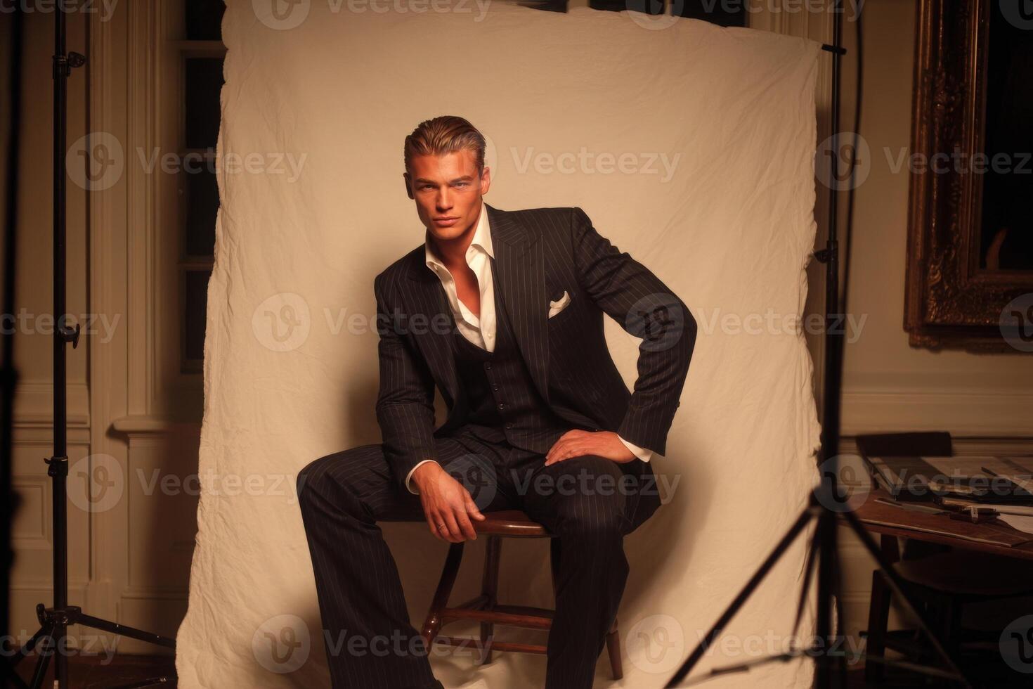 A young man sits on a stool, dressed in a tailored suit. He exudes confidence with a poised expression, surrounded by soft lighting and an elegant backdrop, capturing the essence of sophistication. photo