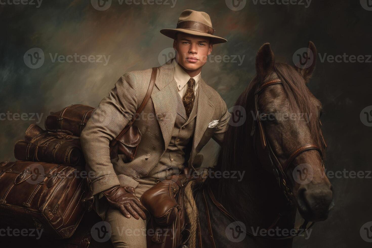 A man in elegant attire sits confidently on a horse, surrounded by travel bags. The atmosphere is rich and dramatic, hinting at an adventurous journey. The man exudes charm and poise. photo