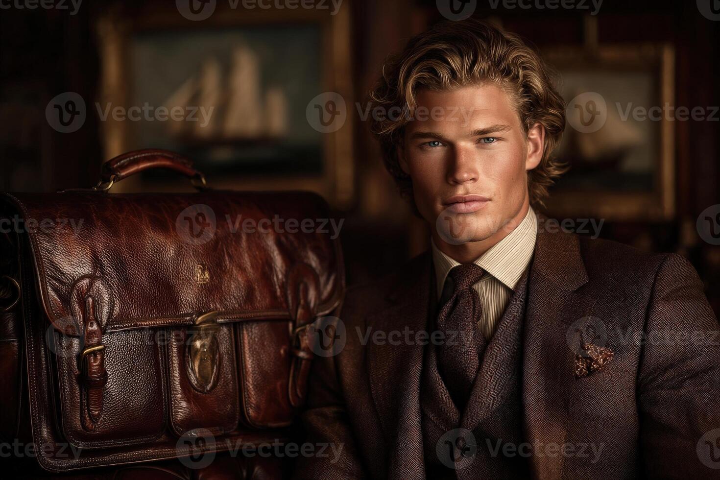 A young man with tousled hair and a tailored suit sits in a warm, vintage atmosphere, showcasing a luxurious brown leather bag beside him. The background features classic artwork. photo