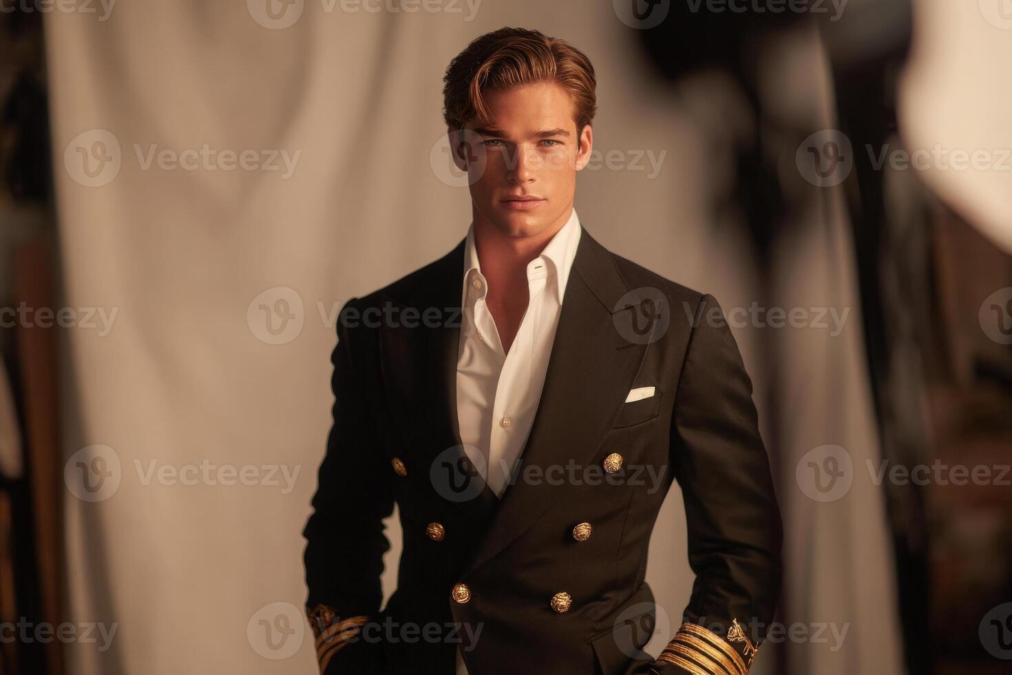 A male model stands confidently in a stylish black suit featuring gold buttons and a crisp white shirt. photo
