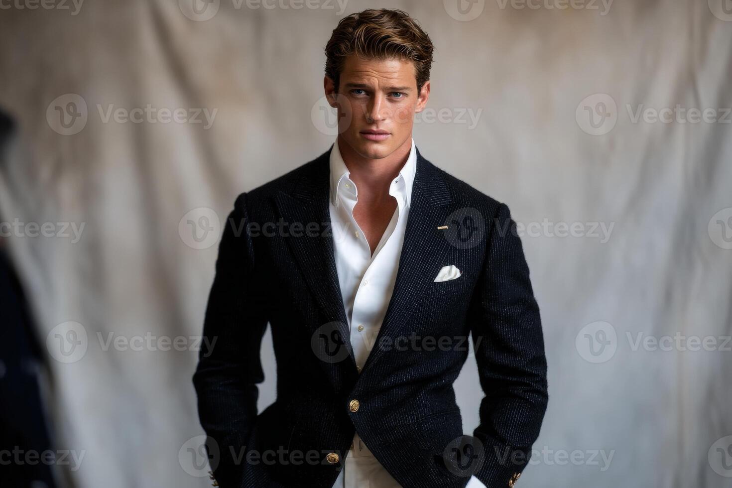 A lifelike mannequin displays a stylish tailored suit. The sharp, formal attire features a white shirt and subtle details. photo