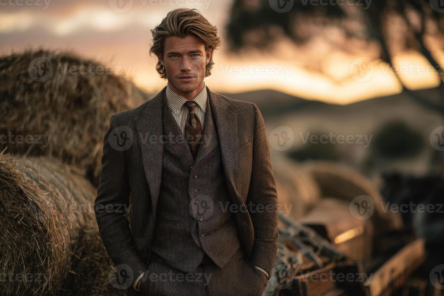 A fashionable man is posed next to hay bales, dressed in a tailored suit. The warm glow of sunset highlights the serene rural landscape, creating a dramatic and sophisticated atmosphere. photo