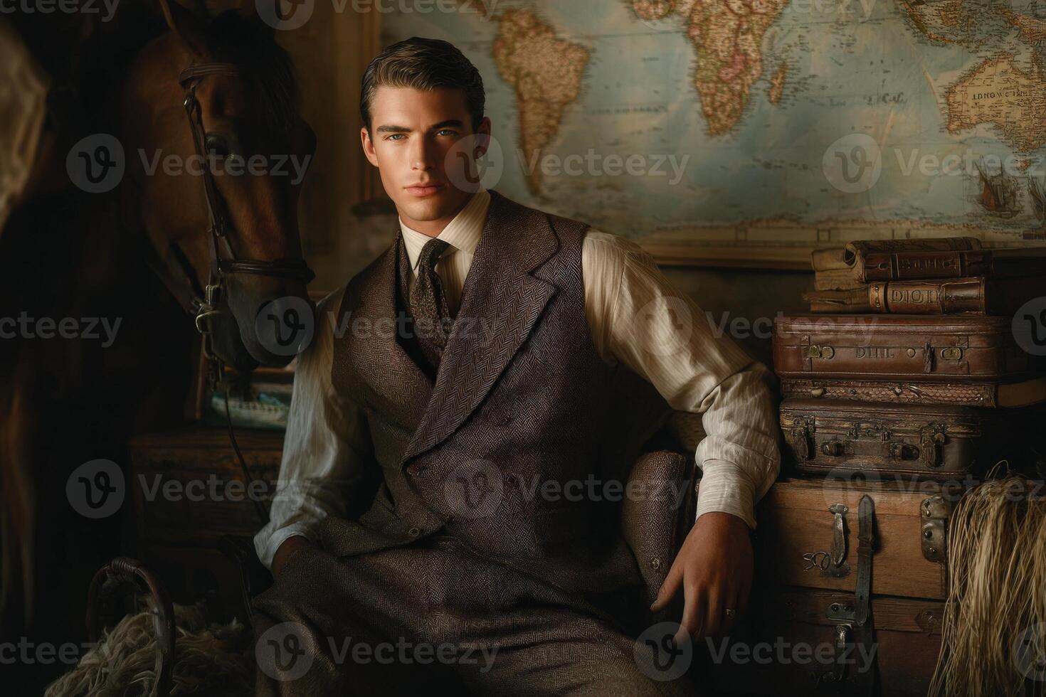 A young man dressed in a classic suit sits confidently beside vintage luggage and horse gear, with an old world map displayed in the background, creating a historical atmosphere. photo