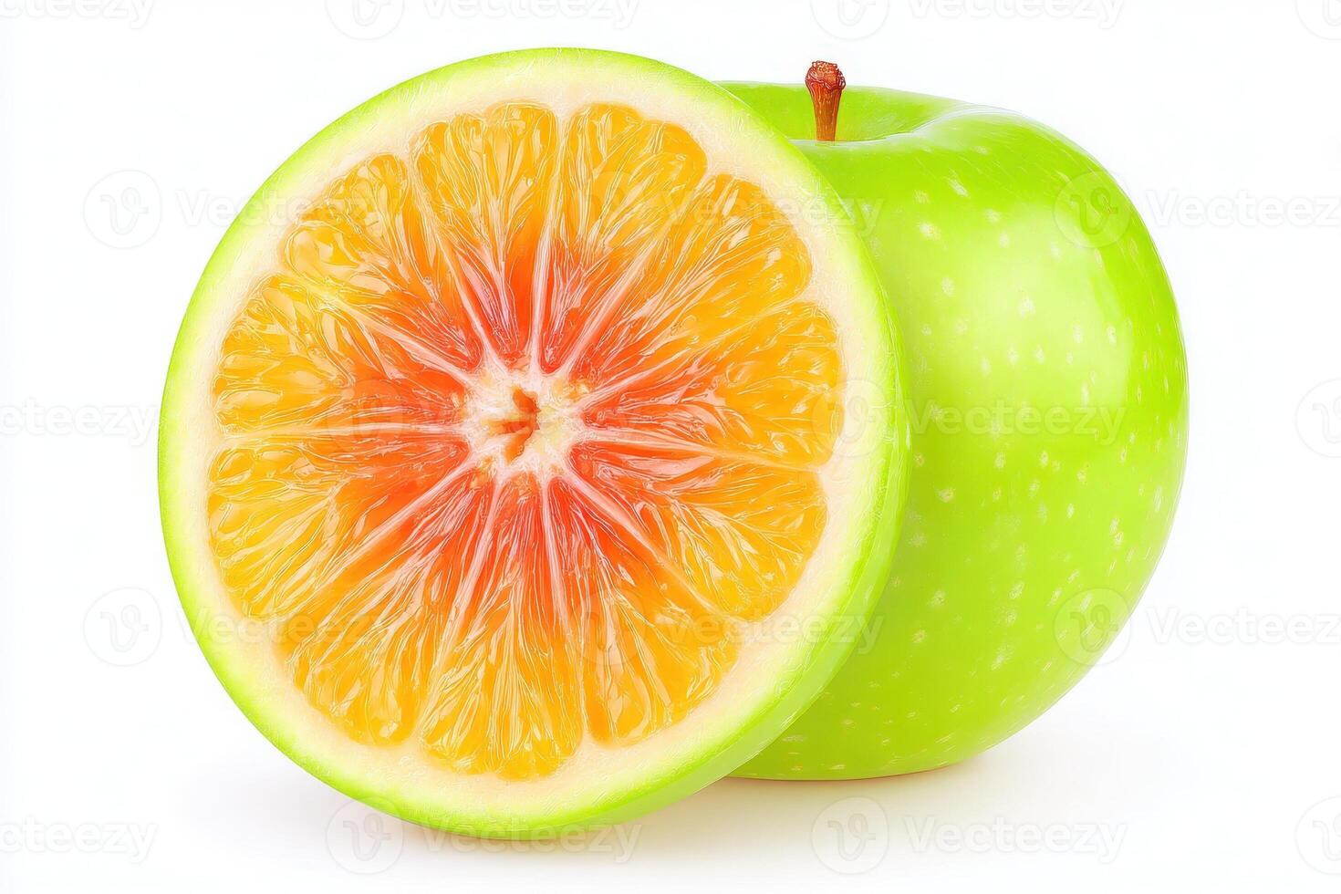 A green apple is displayed alongside a vibrant orange cross-section revealing its bright orange flesh and red core. This striking combination emphasizes the unusual fruit fusion. photo