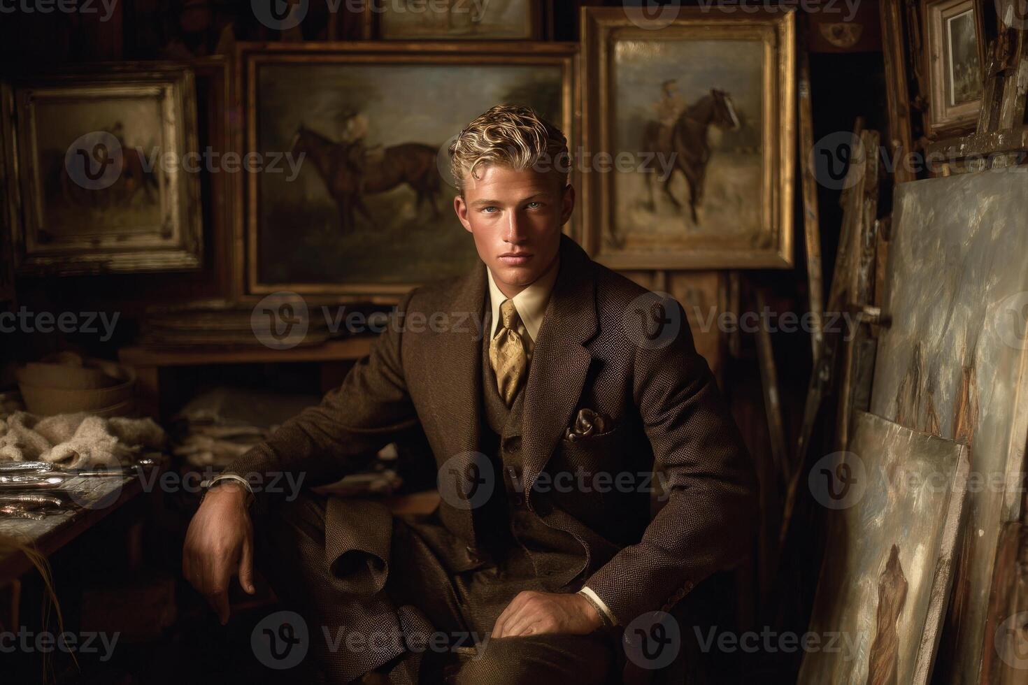 A young man dressed in a tailored suit sits confidently in an art studio, surrounded by vintage horse paintings and various art supplies. The warm lighting enhances the nostalgic atmosphere. photo