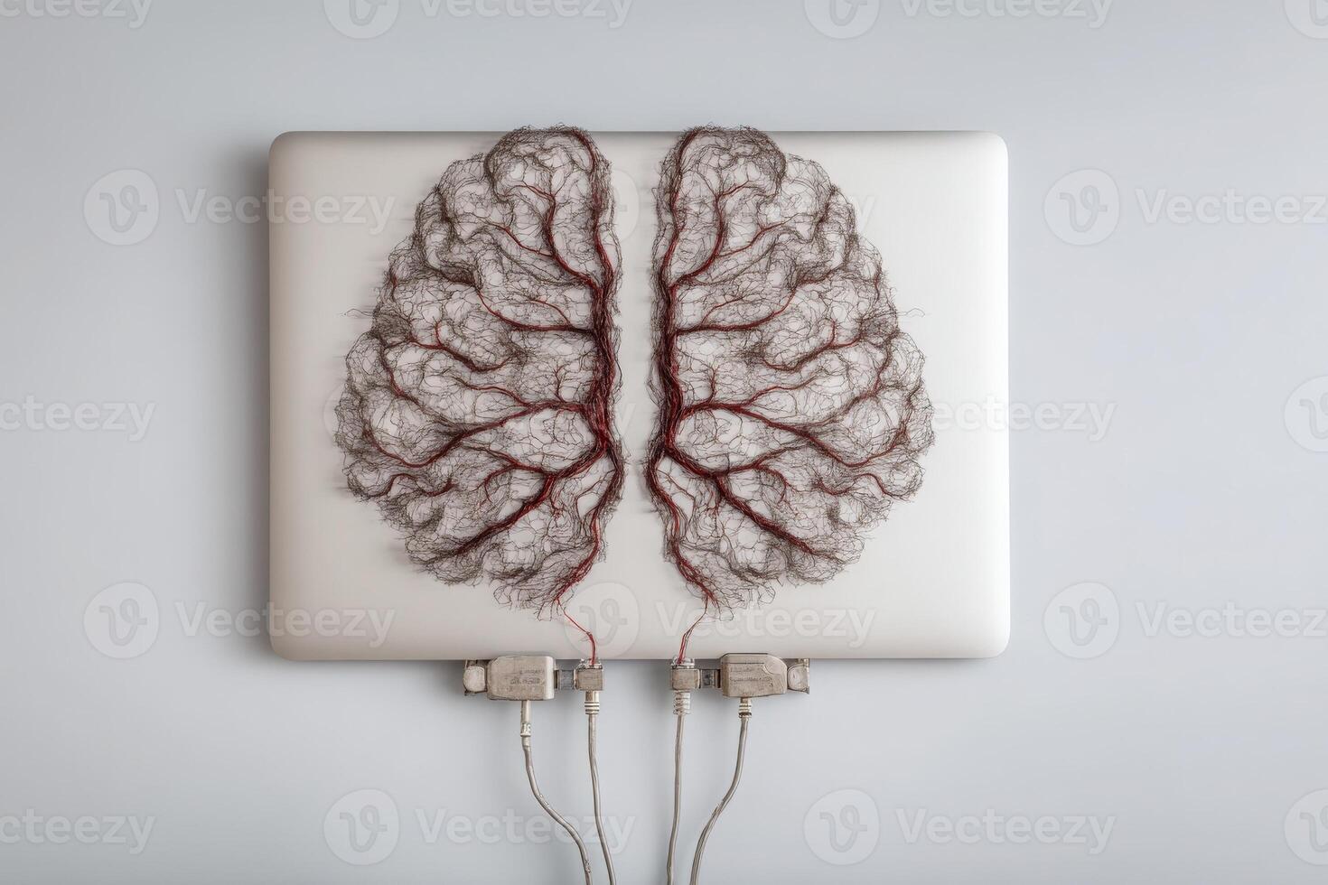 A laptop features a unique design made of hair depicting human lungs. Two network cables connect to the device, blending technology and organic shapes in a modern artistic expression. photo