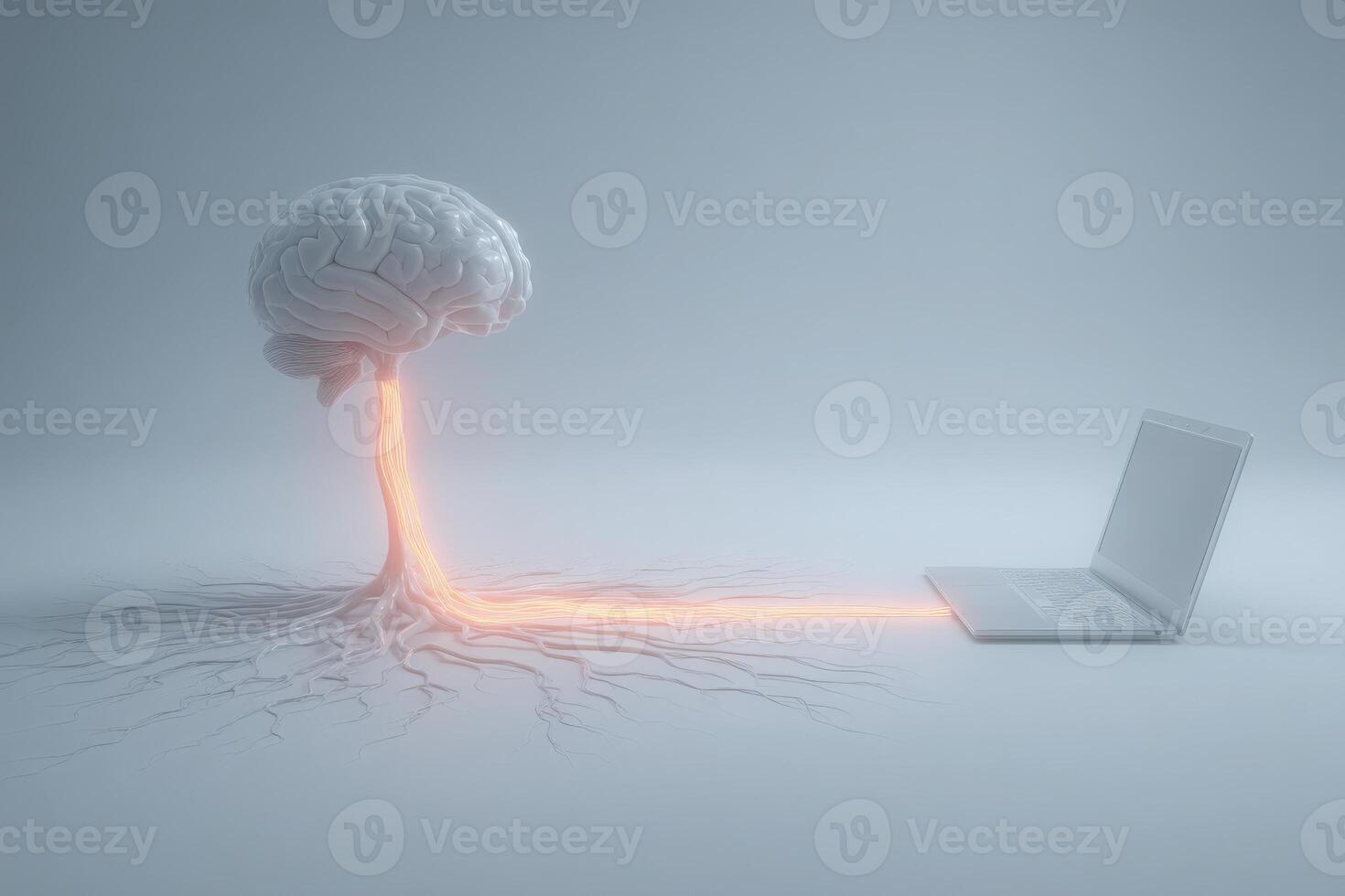 A surreal representation features a brain-like structure sprouting from a laptop, with glowing roots connecting the two. This artwork highlights the integration of technology and human intellect. photo