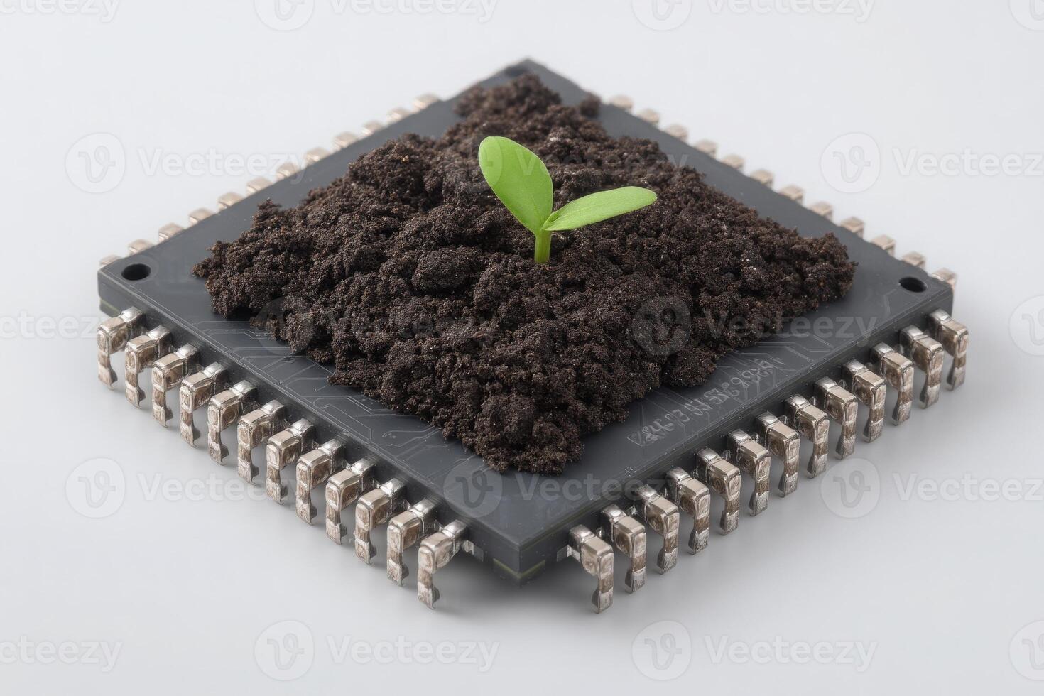 A seedling emerges from soil placed on a circuit board, symbolizing the intersection of technology and nature. The image highlights creativity and the potential for sustainable innovation. photo