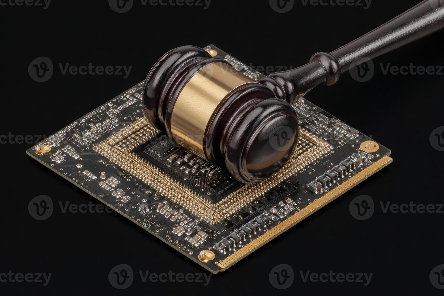 A gavel made of dark wood and gold strikes a black computer chip on a black background. This unique composition symbolizes justice in technology, merging legal and tech themes. photo