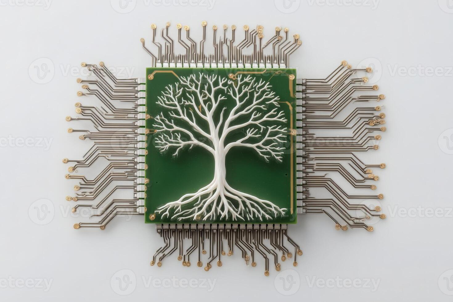 A detailed circuit board features a white tree design that contrasts against a green background. The intricate pathways of the board extend outward, merging technology with natures beauty. photo