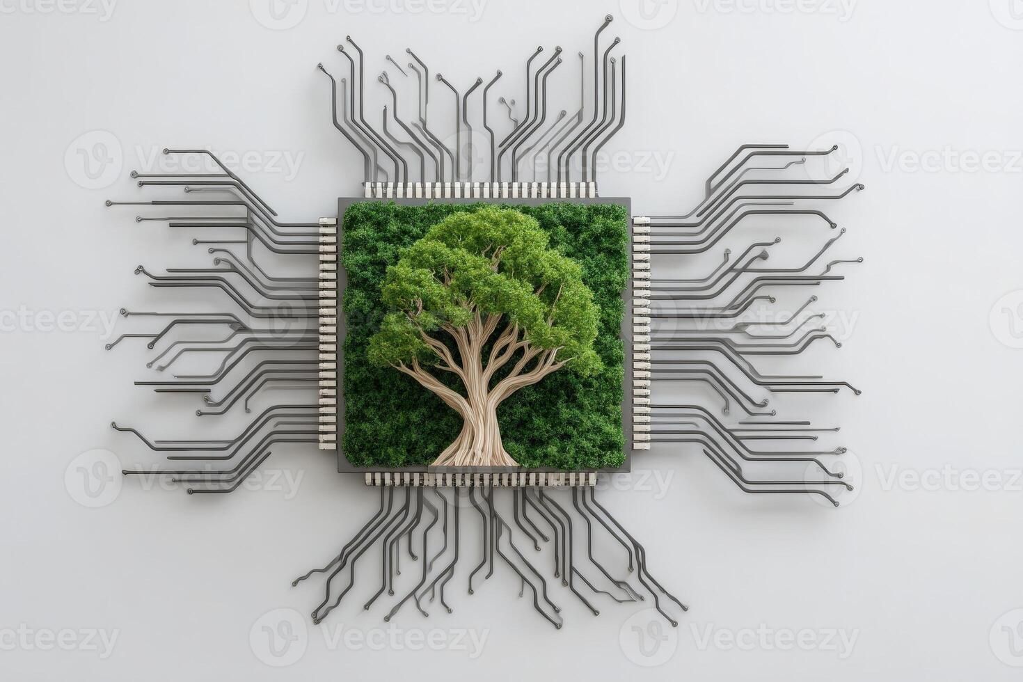 A detailed depiction of a tree emerging from a circuit board, symbolizing the connection between nature and technology. photo