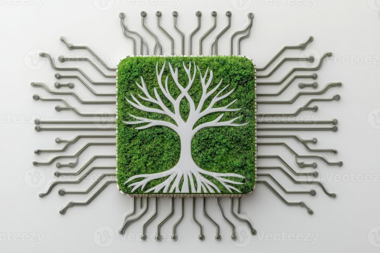 A circuit board design showcases a tree surrounded by green moss in a central square. This artwork emphasizes the relationship between technology and nature, blending elements together. photo