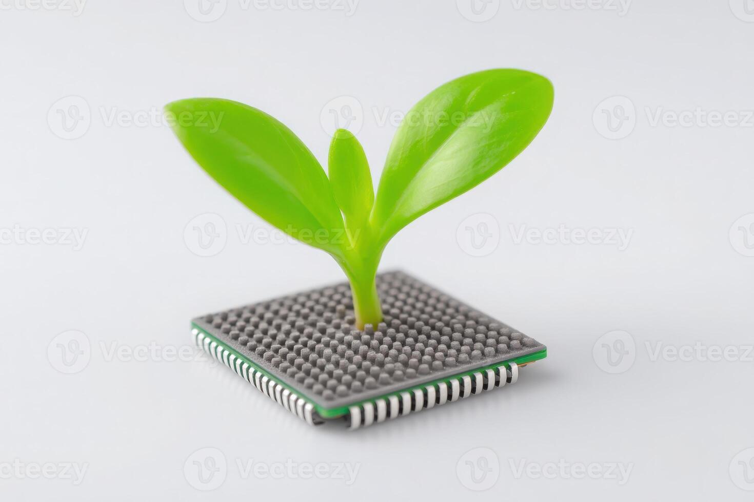 A small green plant with two leaves is growing from a computer chip, representing the connection between nature and technology. The contrasting elements highlight innovation and sustainability. photo