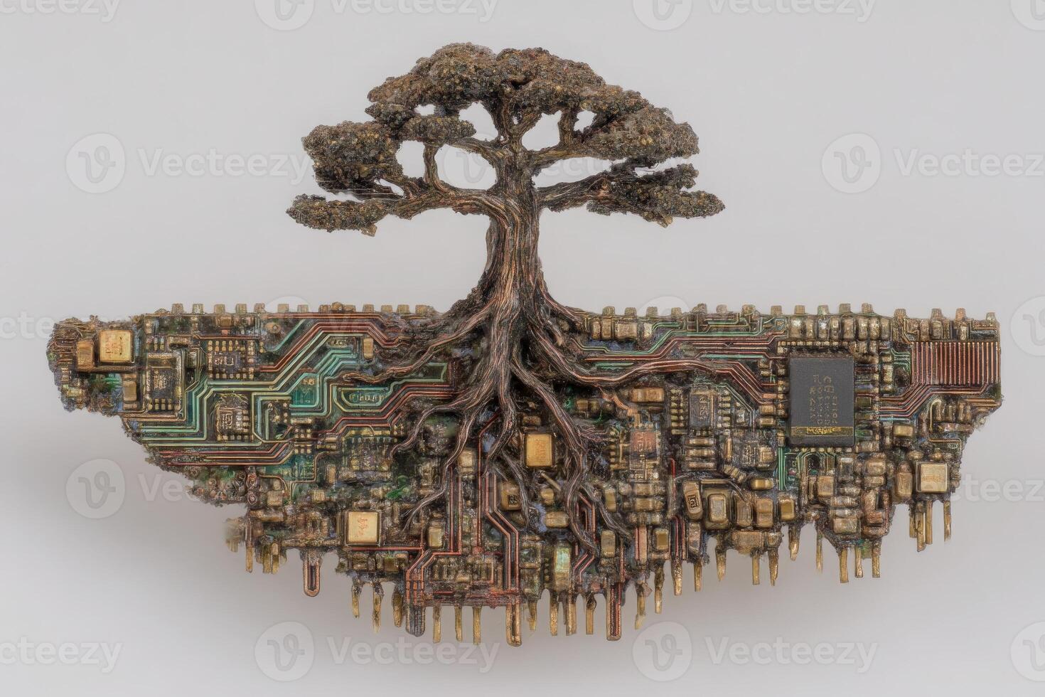 A detailed sculpture features a tree emerging from a circuit board, intertwining the organic and technological. The intricate design showcases a harmony between nature and digital elements. photo