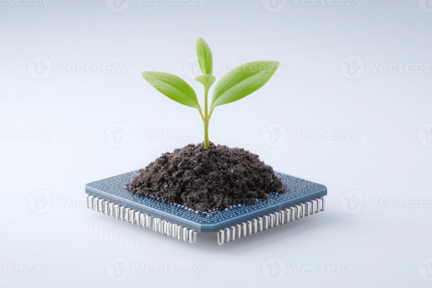 A small green plant emerges from soil placed atop a microchip, symbolizing the blend of technology and nature. This thought-provoking representation highlights innovation and growth. photo