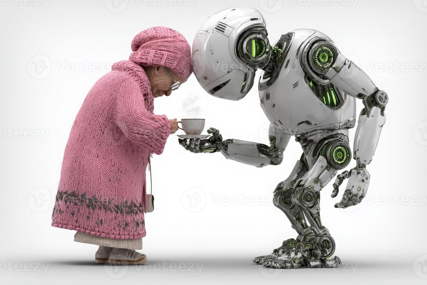 A small elderly woman in a pink knit sweater holds a teacup, while a humanoid robot gently offers her tea. The contrast of warmth and technology creates an inviting atmosphere. photo