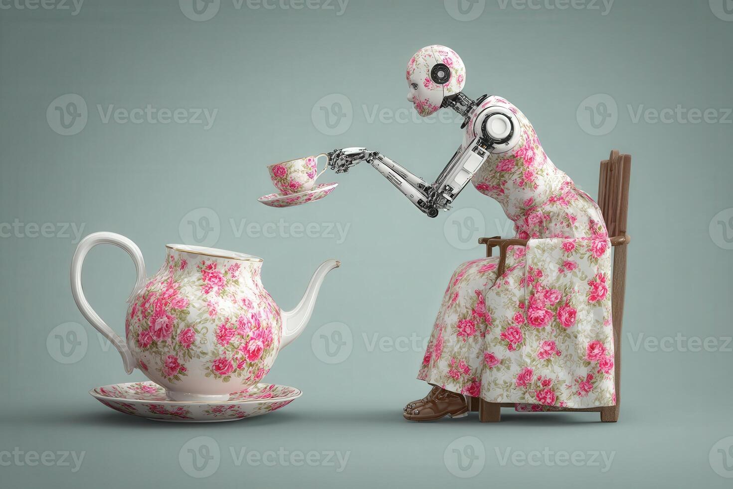 A robot dressed in floral patterns carefully pours tea from a teapot into a delicate teacup. The setting is minimalistic, focusing on the unique blend of technology and elegance. photo