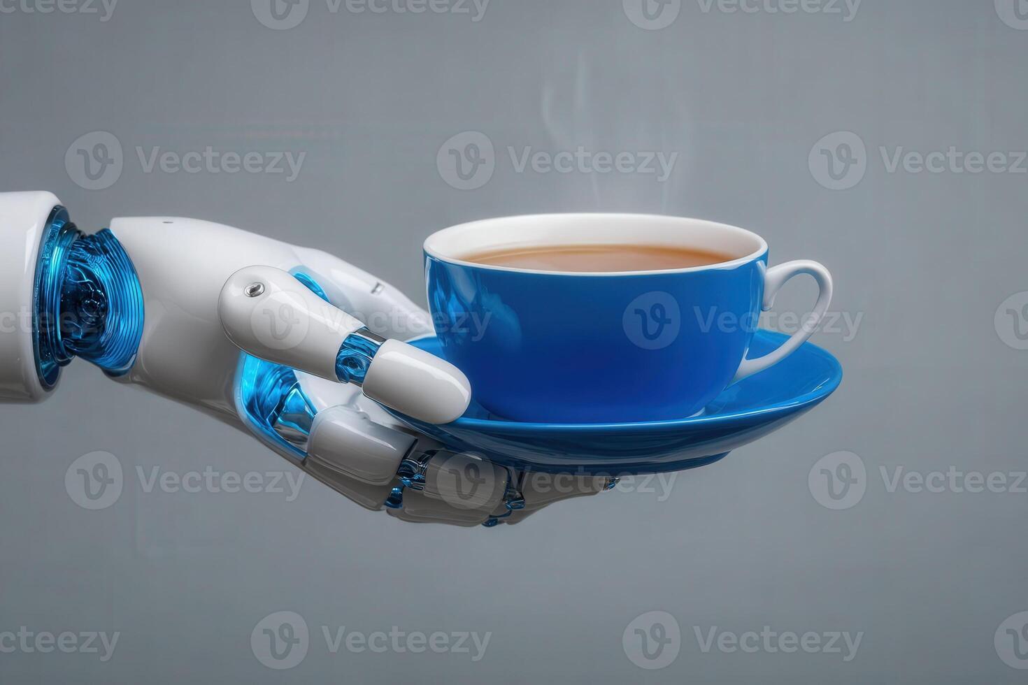 A robotic hand holds a blue cup with a saucer, showcasing steam rising from the drink. The futuristic design highlights technology blending with everyday activities like enjoying coffee. photo