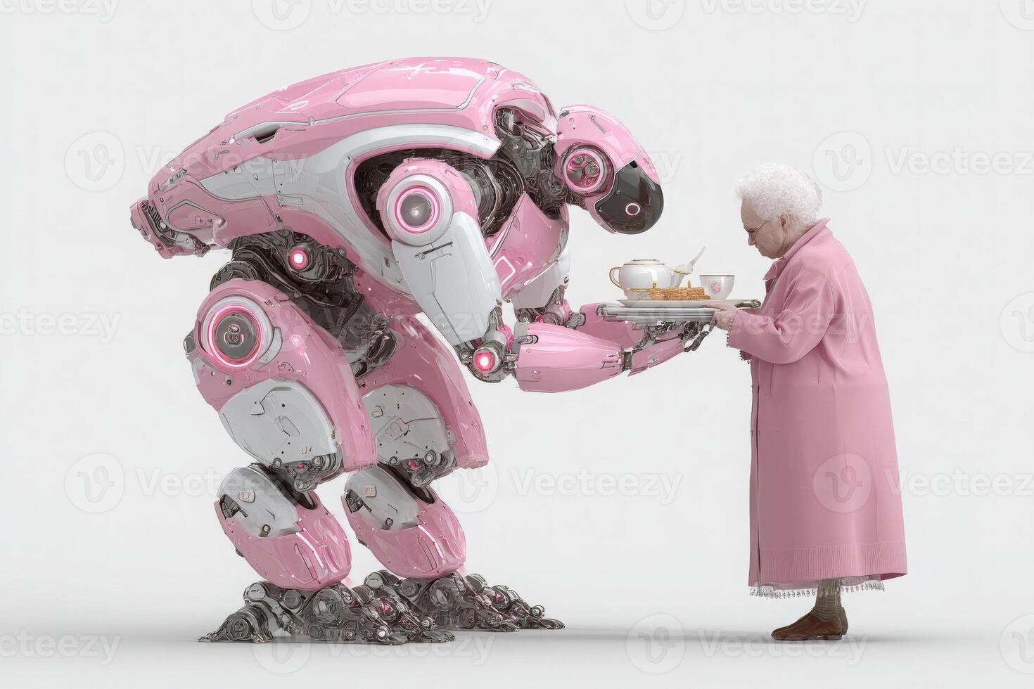 A large robotic figure in pink offers a tea service to an elderly woman dressed in a matching pink coat. The interaction showcases a blend of technology and companionship in a cozy atmosphere. photo