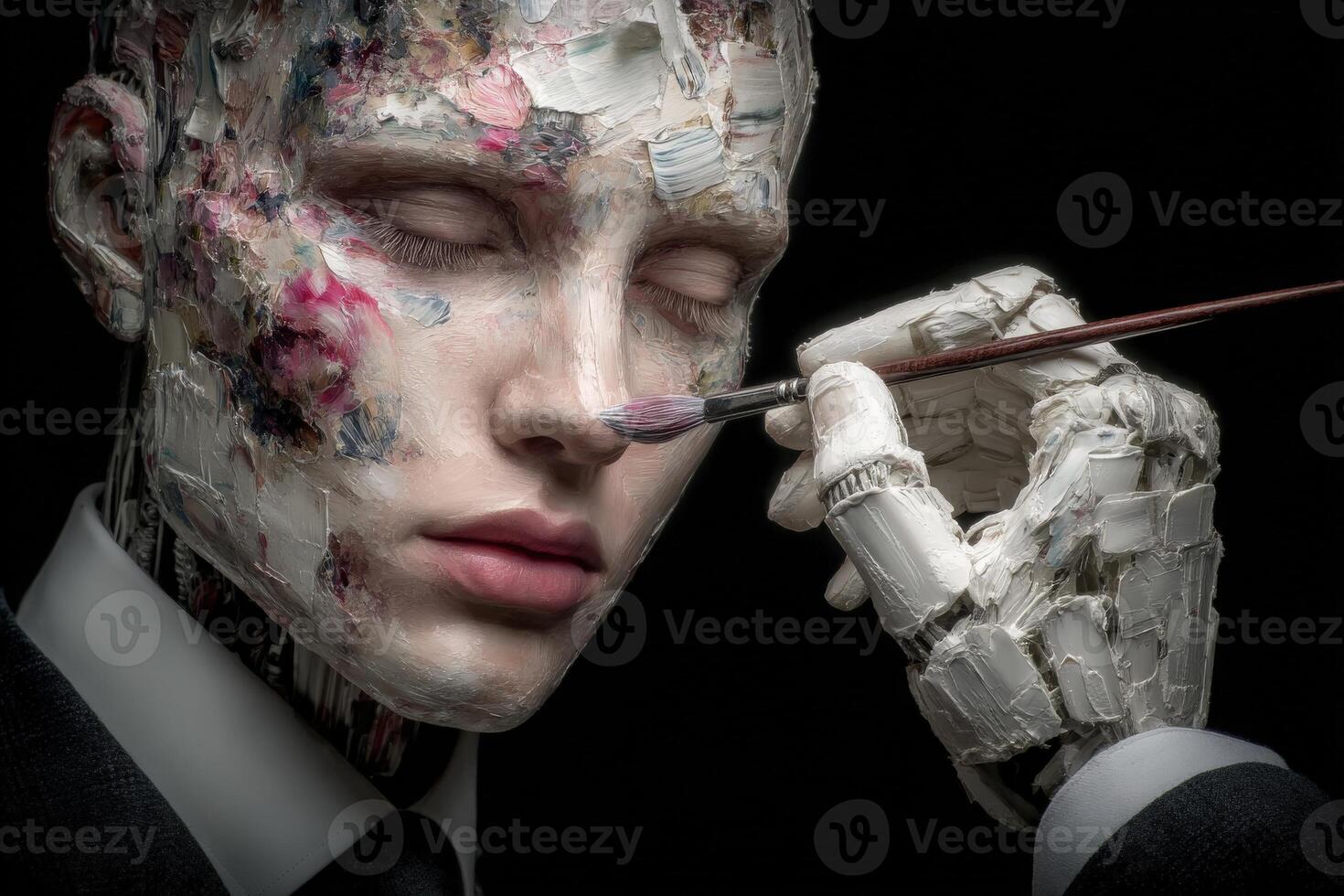 A humanoid figure with a textured, painted face is carefully being painted by a gloved hand holding a brush. The dark background enhances the intricate details of the figure and the artwork. photo