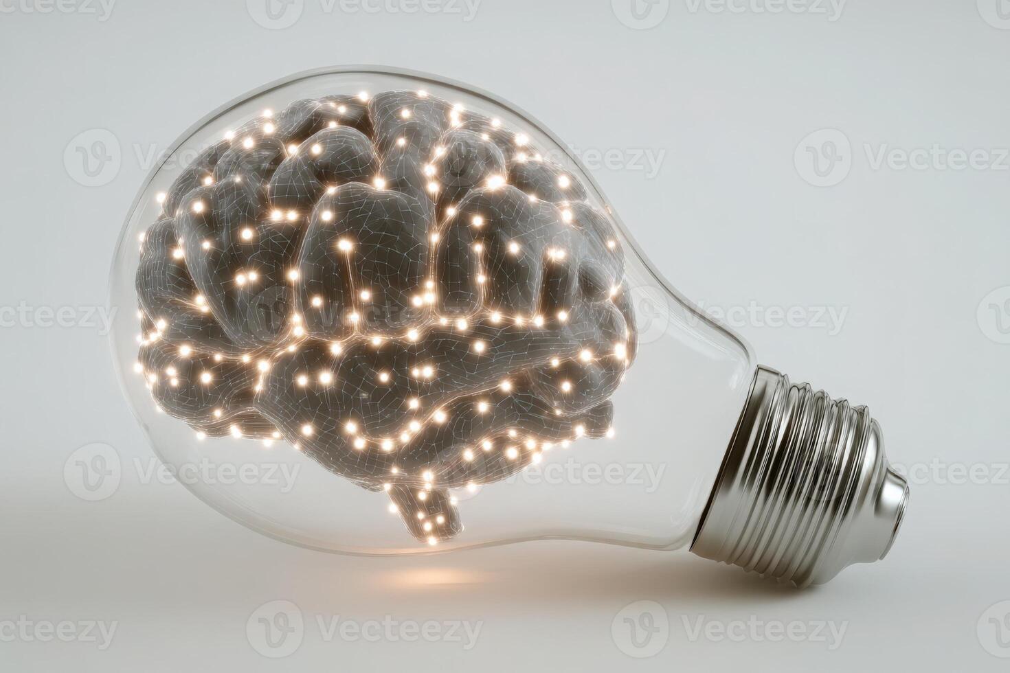 A unique light bulb is designed to resemble a human brain, featuring glowing connections throughout. This creative concept symbolizes intelligence and innovation in a modern setting. photo