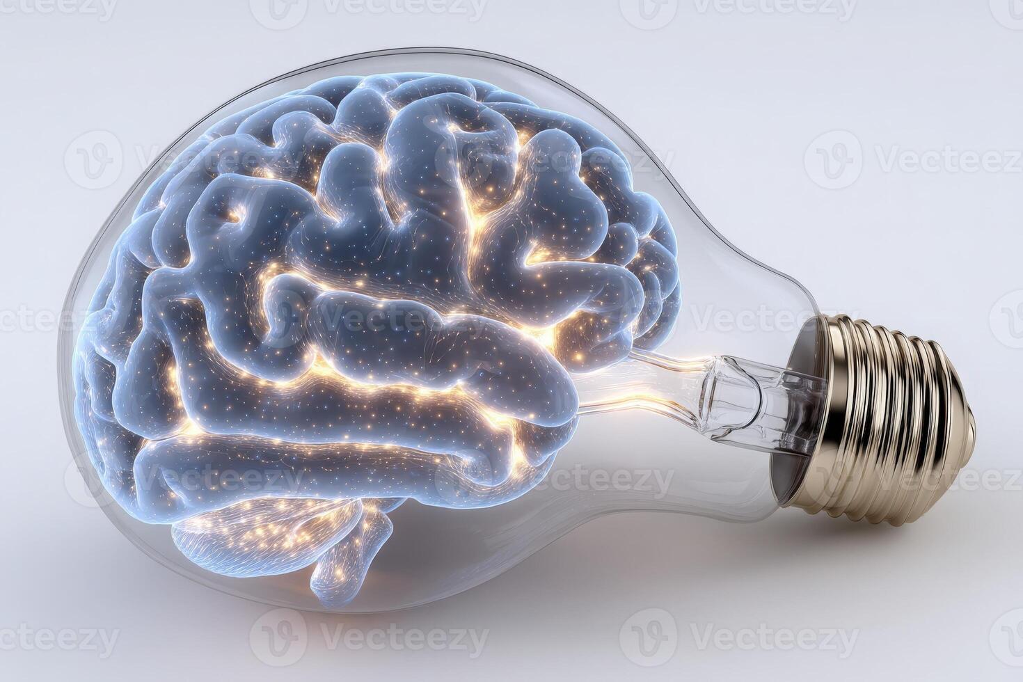 A creative visual merges a human brain inside a lightbulb, symbolizing the fusion of intelligence and innovative ideas. The glowing elements add a futuristic ambiance to the concept. photo
