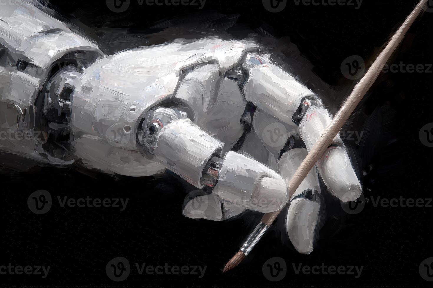 A robotic hand delicately holds a paintbrush, poised to create art. The striking contrast between the sleek mechanical design and the artistic tool emphasizes the fusion of creativity and technology. photo