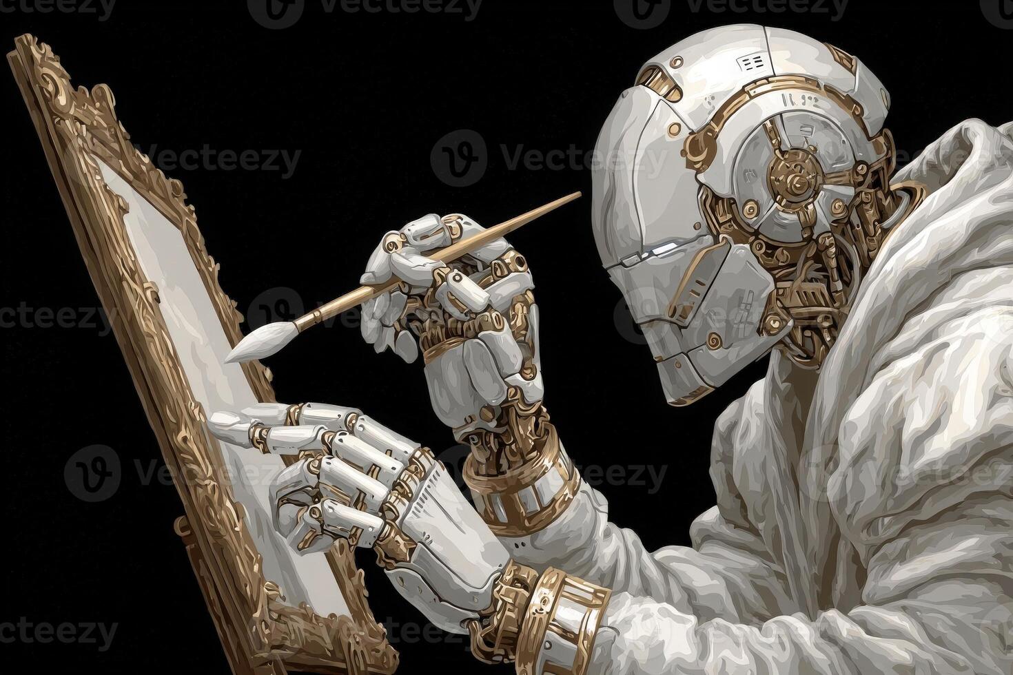 A humanoid robot is focused on painting on a blank canvas in a dark environment. The robot, with a combination of metallic and mechanical features, displays intricate craftsmanship in its design. photo