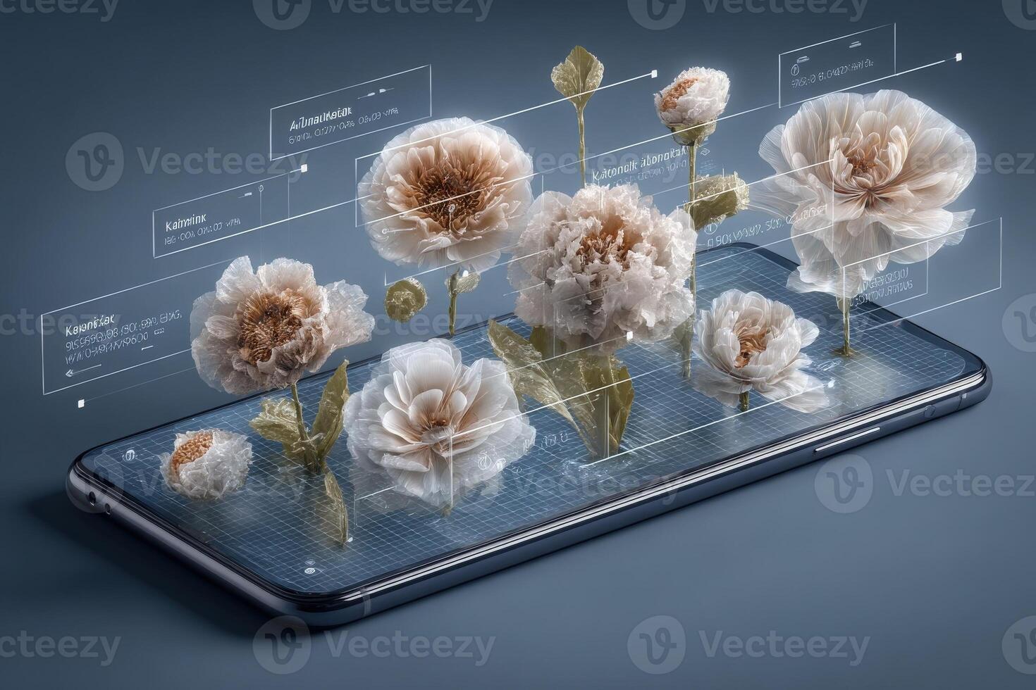 A smartphone screen displays various digital flowers in augmented reality. Each flower appears to float above the screen, with detailed information about their species and characteristics presented. photo