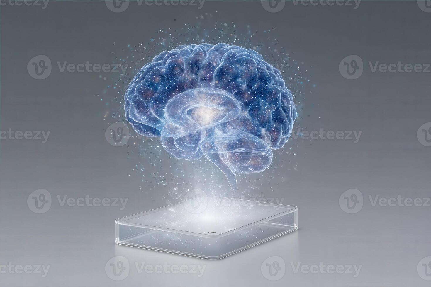 A digital rendering shows a luminous, stylized human brain hovering above a clear pedestal. The brain emits a mystical glow, surrounded by particles in a contemporary, minimalistic environment. photo