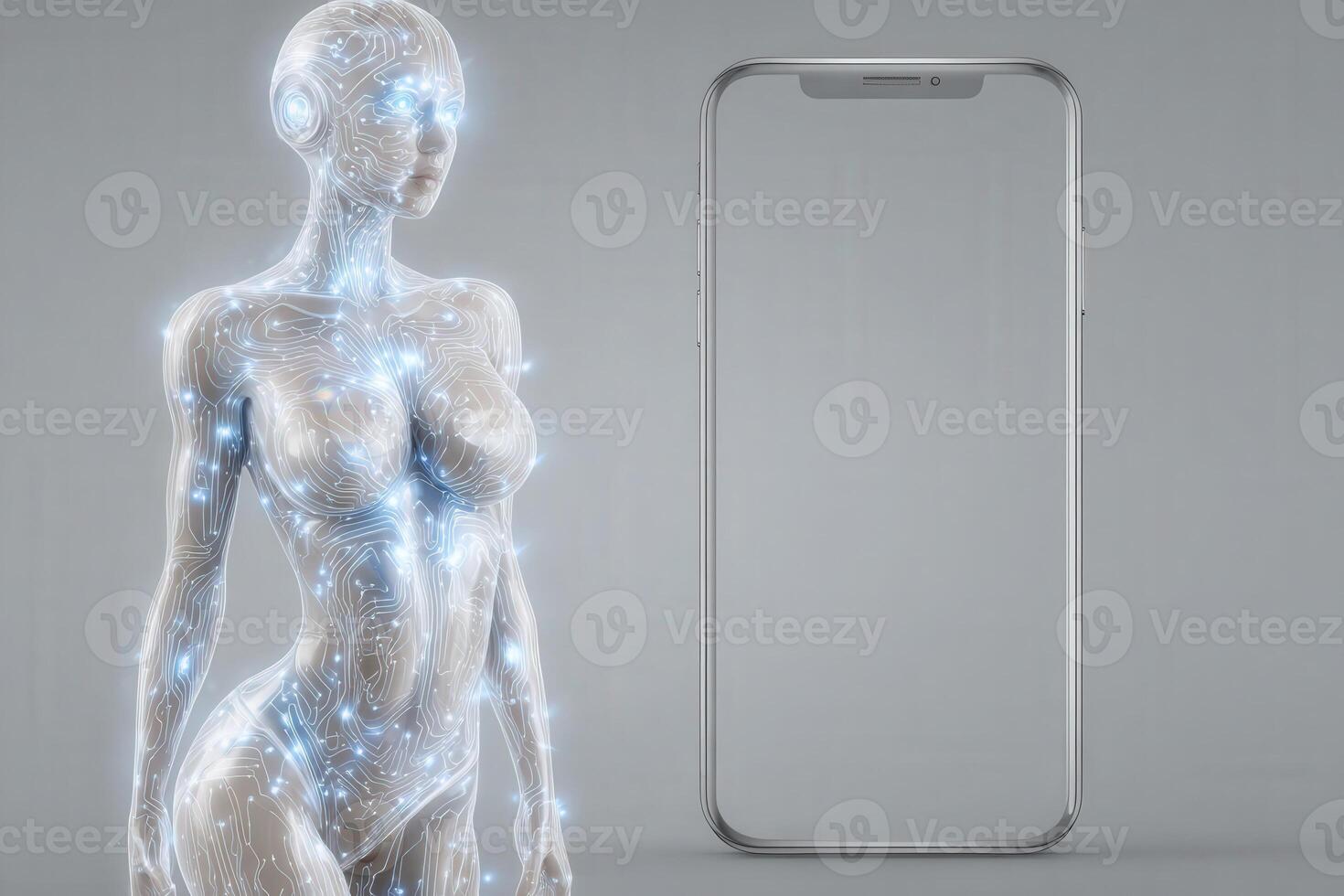 A humanoid robot with a transparent body and glowing circuitry stands next to a slim smartphone. The design emphasizes technology and artificial intelligence in a minimalistic environment. photo