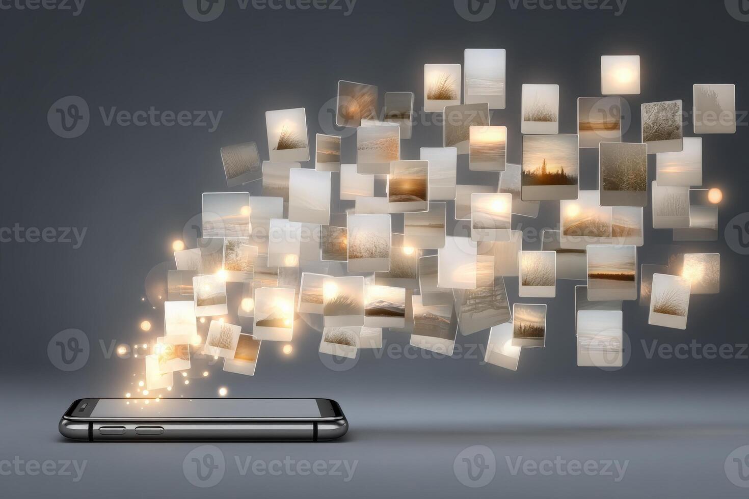 A smartphone rests on a surface, with a stream of glowing images emerging from it. photo