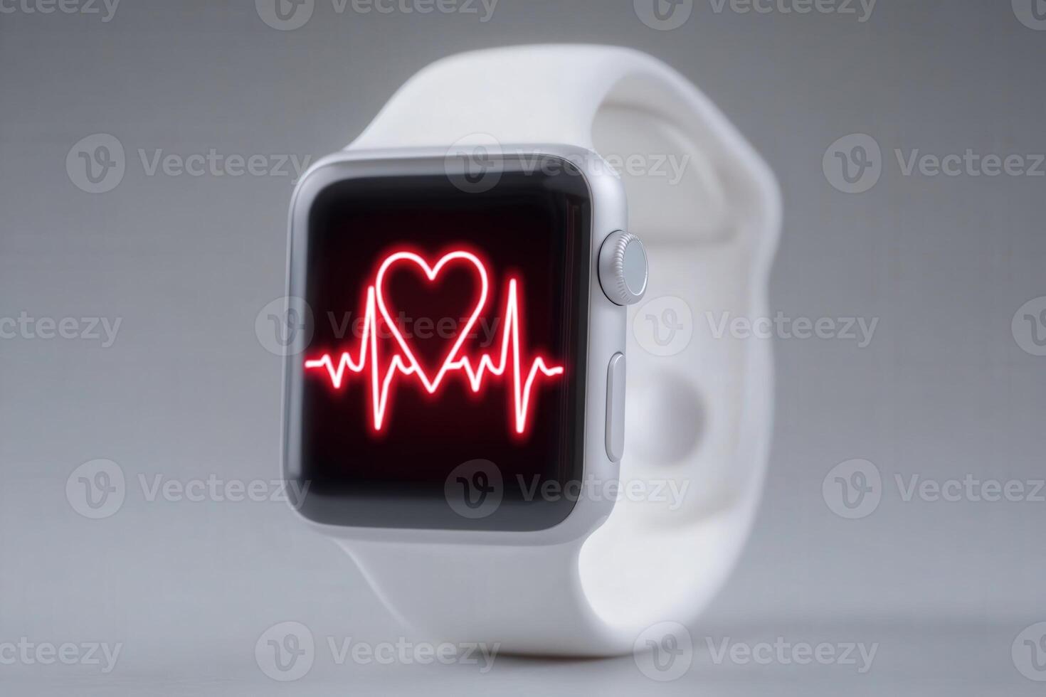 A smart watch features a vibrant heart symbol alongside a heartbeat waveform, emphasizing health monitoring. The sleek device is set against a minimalist background, showcasing modern technology. photo