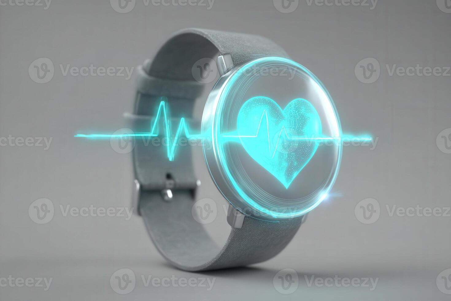 A sleek smartwatch features a glowing heart symbol and heartbeat line on its display. The design emphasizes health tracking and modern technology, with a light gray band enhancing its modern appeal. photo