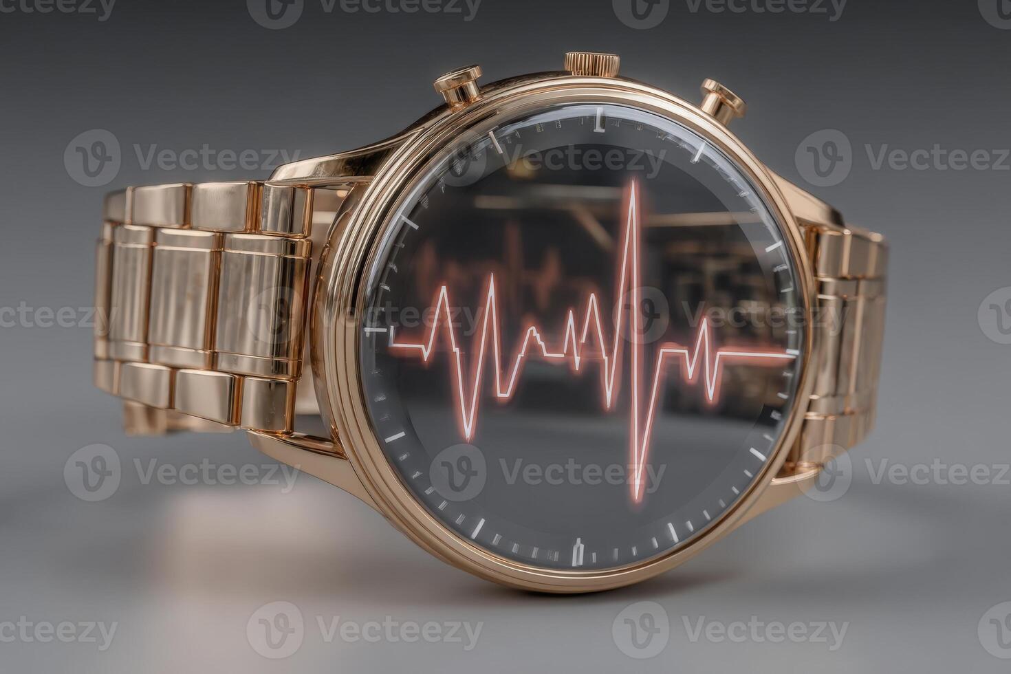 This luxurious wristwatch features a striking heartbeat design on its display, blending elegance with innovative technology. The rose gold band adds a sophisticated touch to its modern aesthetic. photo