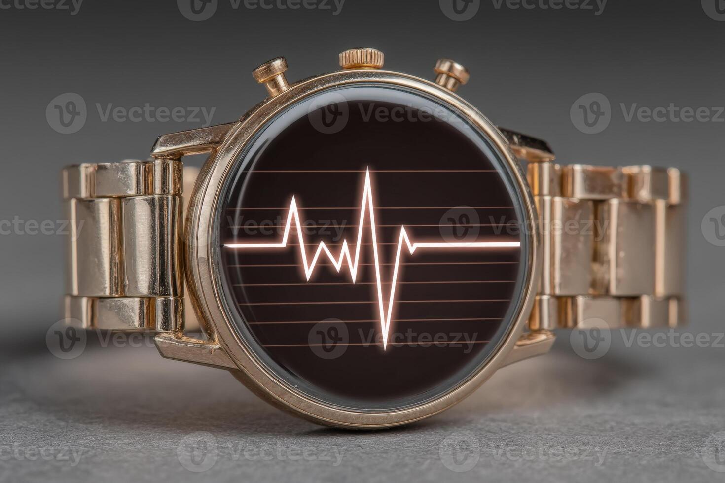 A gold wristwatch features a sleek design with a heartbeat monitor graphic on its face. Its modern appearance caters to fitness and health enthusiasts, adding a touch of elegance to any outfit. photo