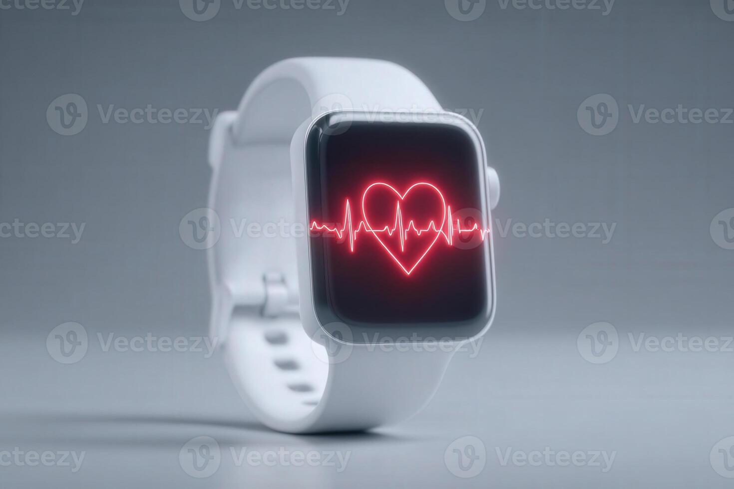 Smartwatch with a white strap features a striking heart rate display. A red heartbeat graphic captures attention against a neutral background, emphasizing health technology in daily life. photo