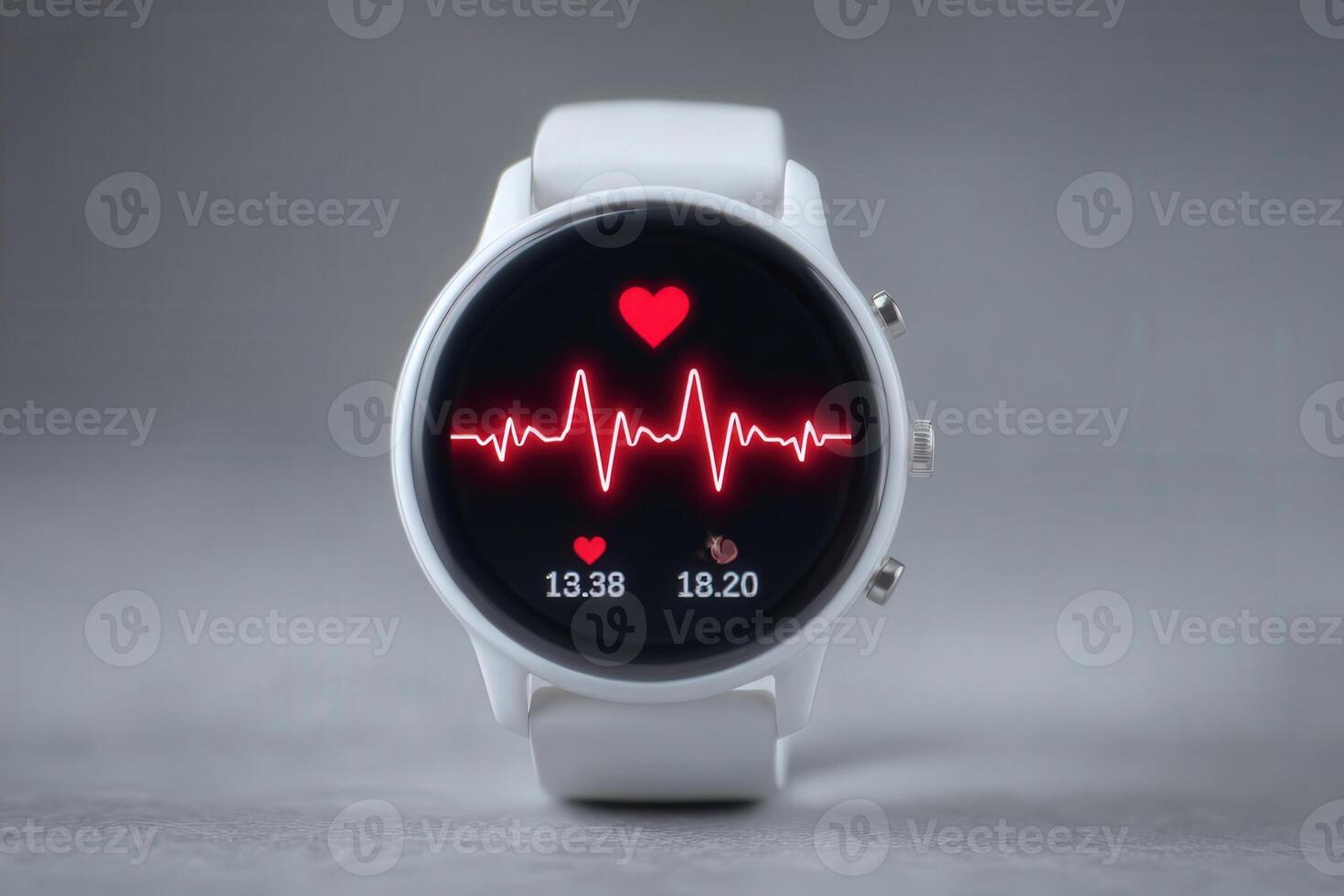 A modern smartwatch with a white band features a heart rate monitor on its display. The vibrant, red heartbeat line and heart icon showcase health metrics clearly and stylishly. photo