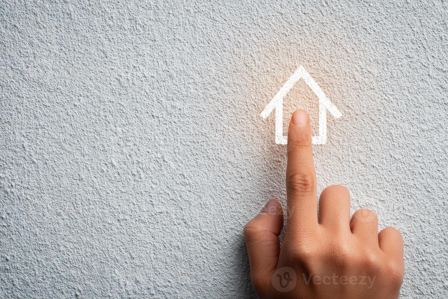 A hand with fingers extended is pressing on a glowing home icon drawn on a concrete wall. This interaction represents a concept of connectivity and digital interface. photo