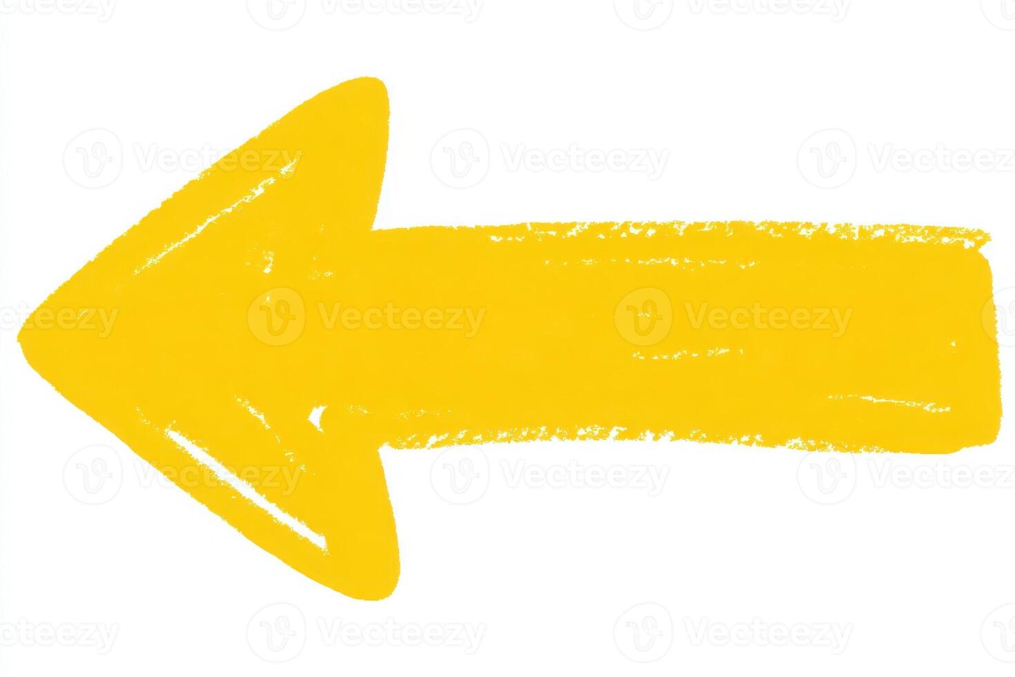 A bright yellow arrow points left against a plain white background, providing a clear visual cue for directional guidance, suitable for signage or artistic design. photo