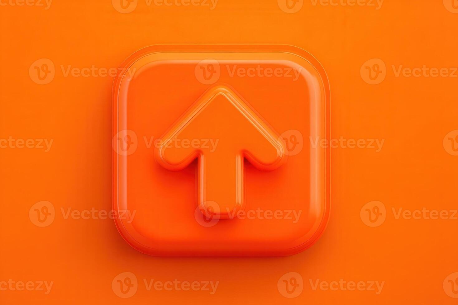 A glossy, bright orange button featuring a white upward arrow icon sits on a flat surface, symbolizing the upload function in digital interfaces. The design is modern and minimalist. photo