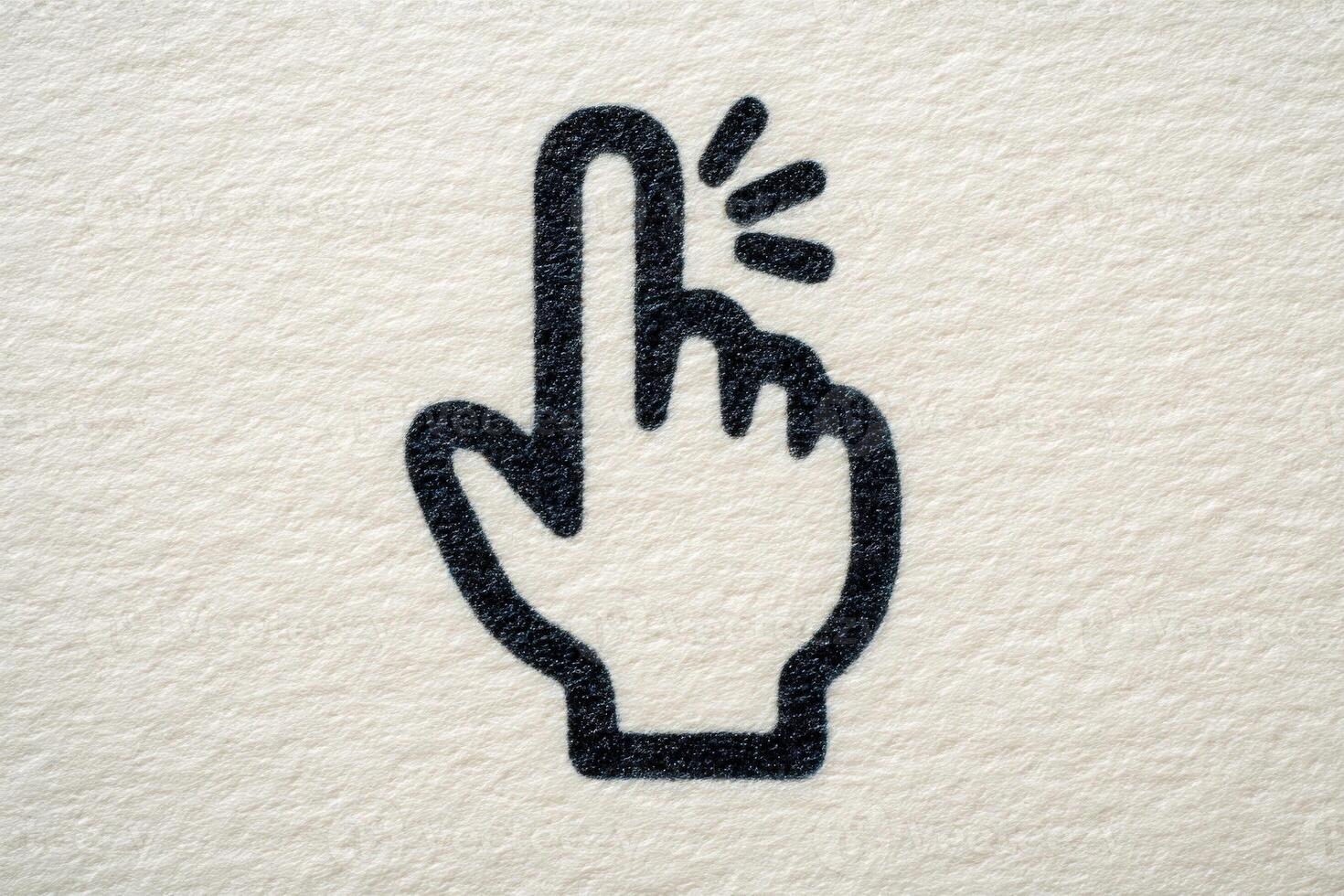A graphic representation of a hand with an extended finger pointing upwards. The design is bold and simple, set against a textured beige background, highlighting clarity and focus. photo